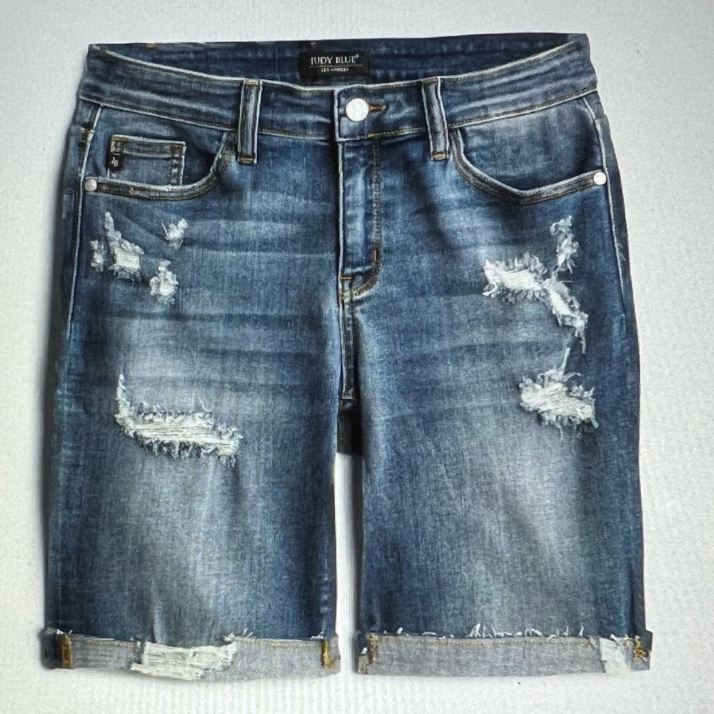 Judy Blue Deconstructed Denim Bermudas - Dark Blue